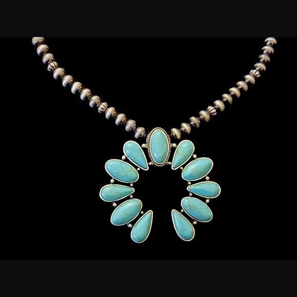 South West Style Squash Blossom Silver Tone Acrylic Beaded Necklace - Picture 4 of 6